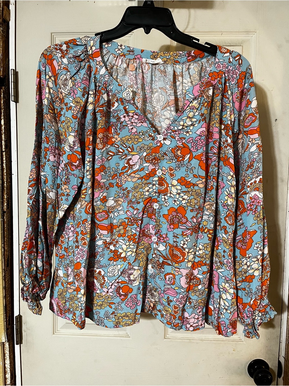 Women's Floral V-Neck Long Sleeve Blouse - Multi Blue